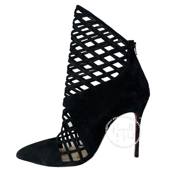 Christian Louboutin Black Suede Pointed Toe Ankle Boots Cutout Stiletto Heel 37 - Picture 6 of 16